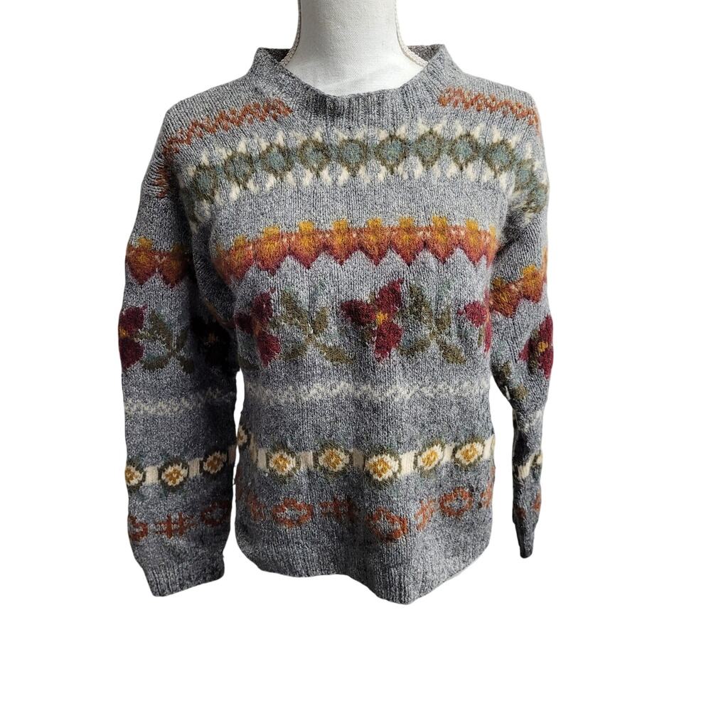 Vintage LL Bean angora wool floral Fair Isle aztec sweater retro pullover silk